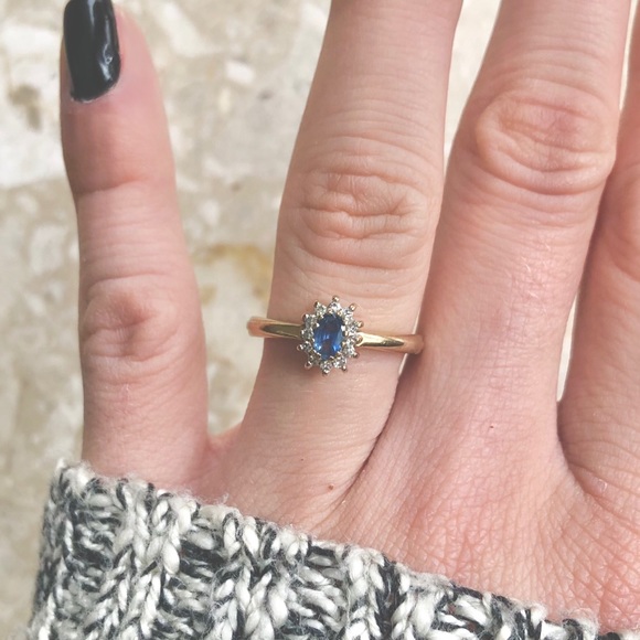 SOLD (Etsy) Light Blue Sapphire Diamond Halo Yellow Gold Ring - Picture 7 of 8